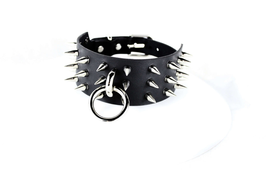 Black Spiked BDSM Collar – Leather Submissive Collar with O-Ring