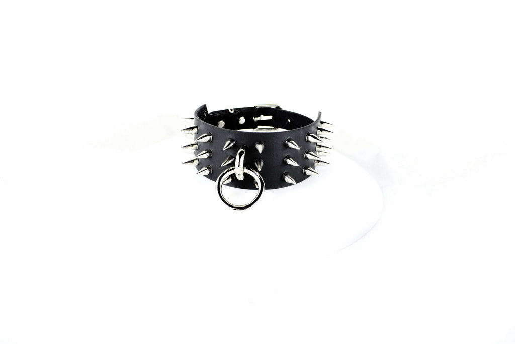 Black Spiked BDSM Collar – Leather Submissive Collar with O-Ring