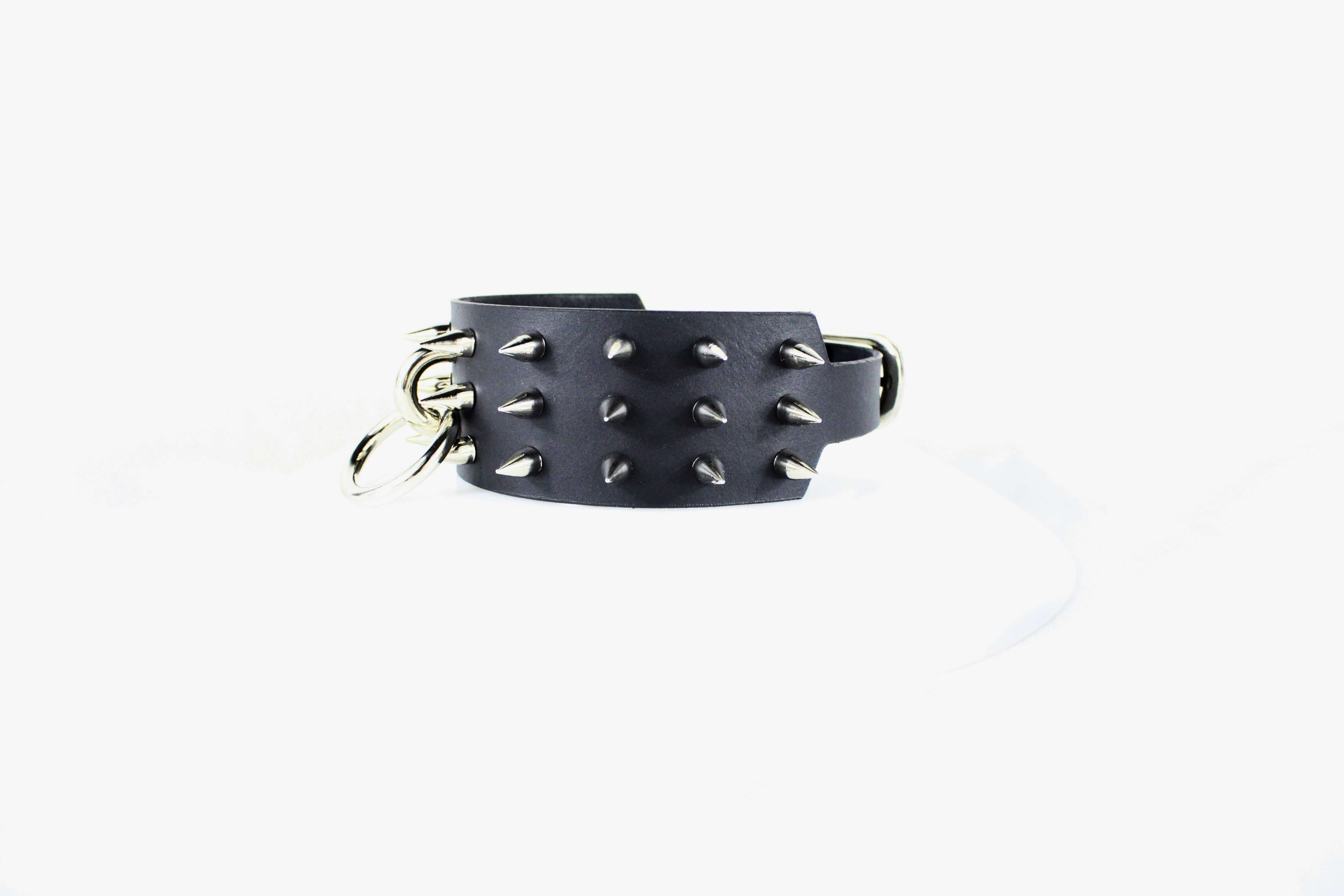 Black Spiked BDSM Collar – Leather Submissive Collar with O-Ring