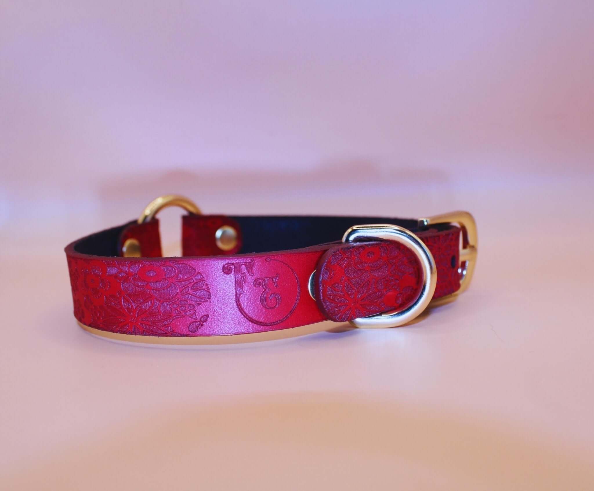 Red Floral Leather BDSM Collar with Gold O-Ring